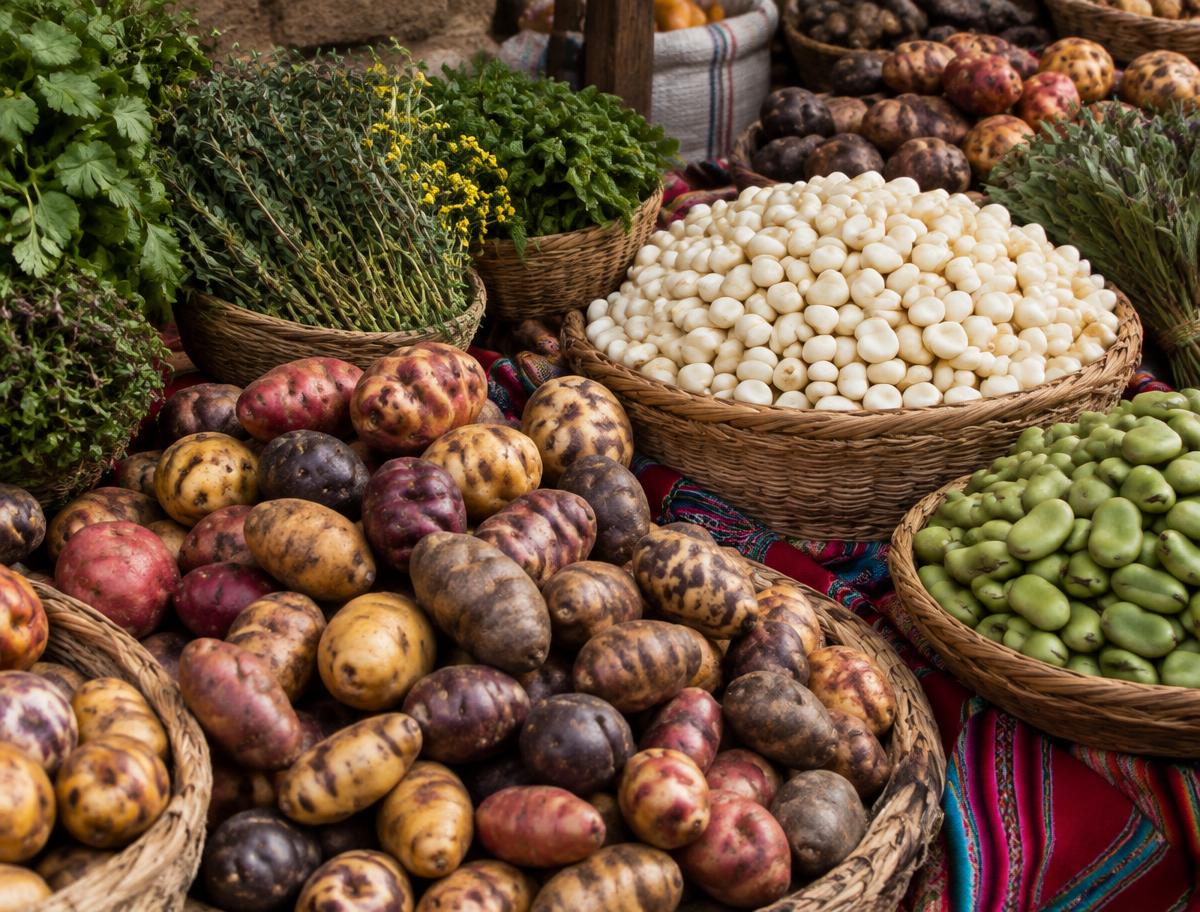Baskets of native potatoes, mote, fava beans and herbs at an Andean market