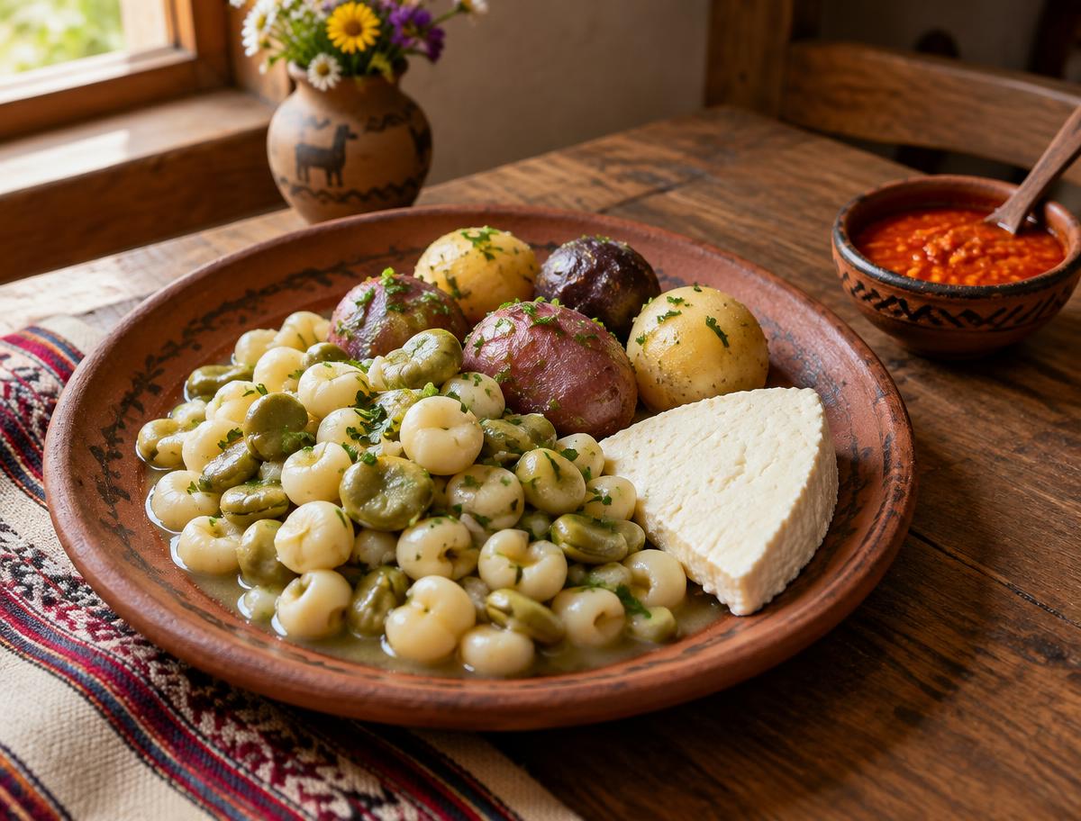 A clay plate of mote and fava beans with boiled native potatoes and fresh cheese, with a bowl of chili sauce