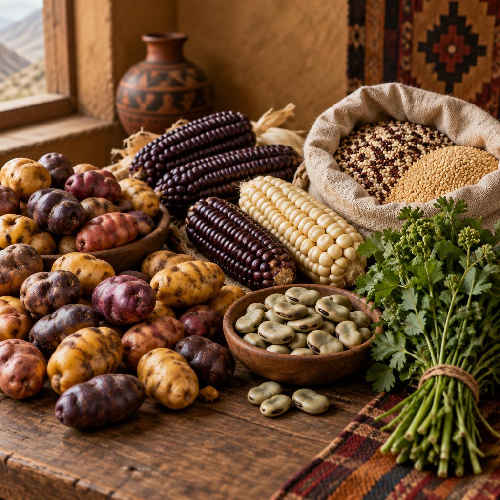 Andean pantry still life with native potatoes, purple and white corn, grains in a sack, fava beans and fresh herbs