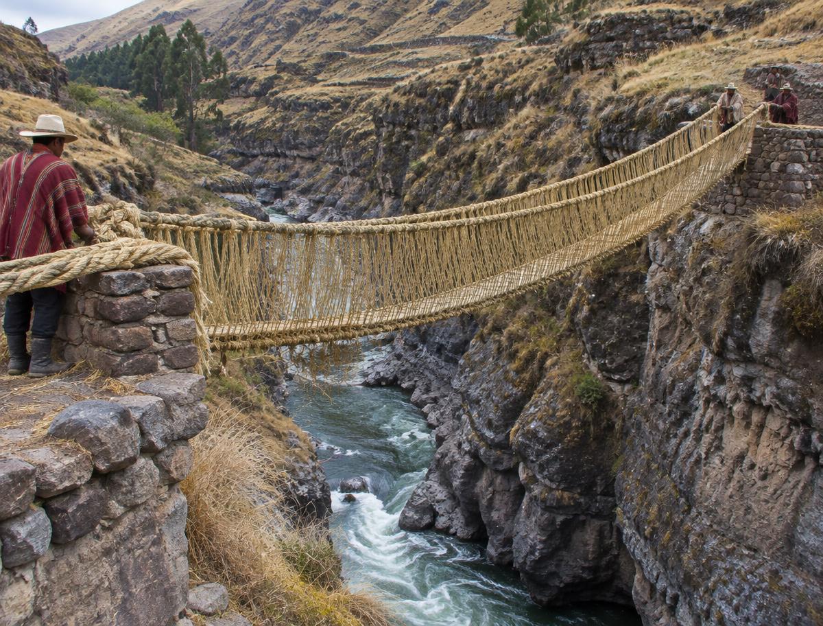 The woven grass suspension bridge of Q'eswachaka spanning a rocky gorge above the Apurímac river