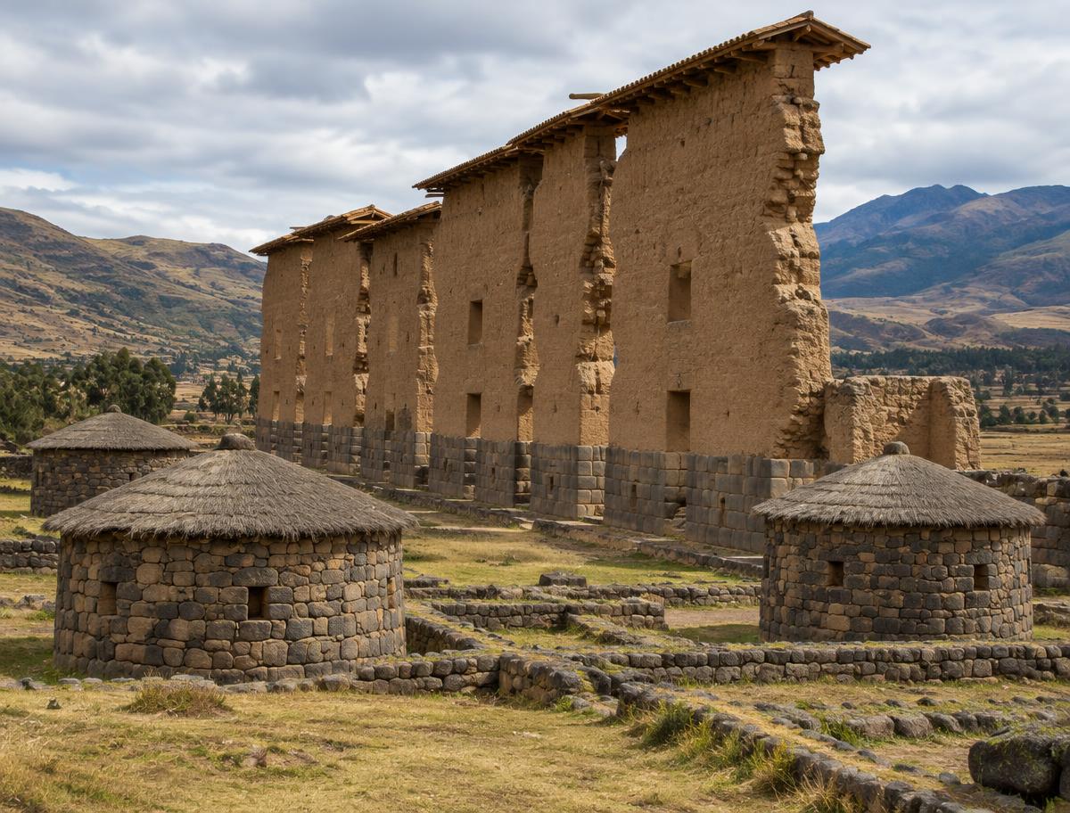 The towering central wall of the Temple of Wiracocha at Raqchi, with round stone storehouses in the foreground