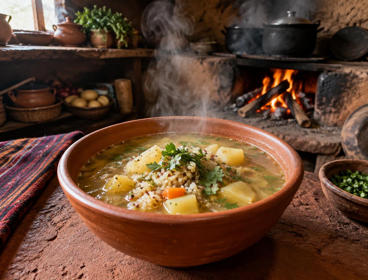 A steaming clay bowl of potato and quinoa soup in a wood-fire kitchen
