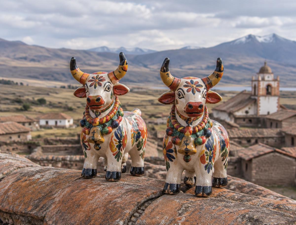 Two ceramic toritos de Pucará on a rooftop tile above an altiplano village