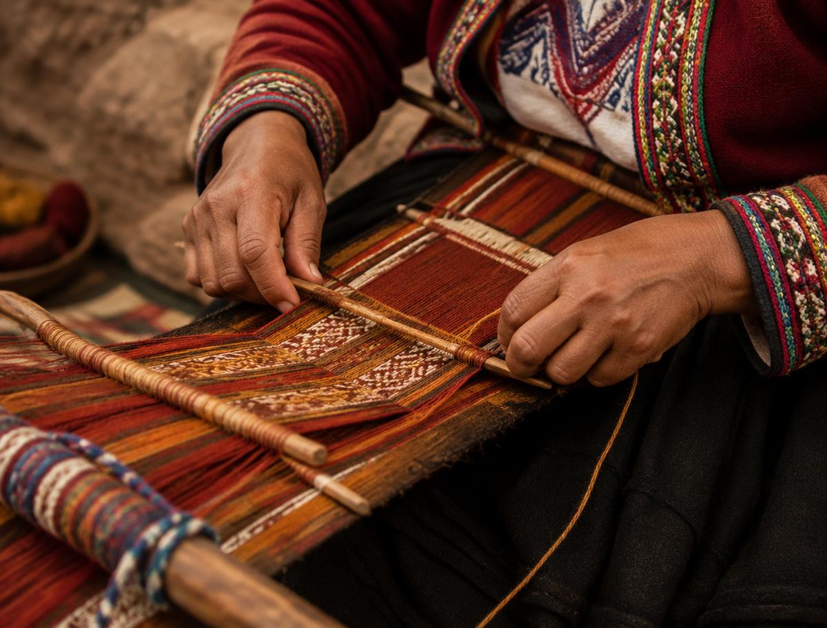 Hands weaving on a backstrap loom with naturally dyed wool